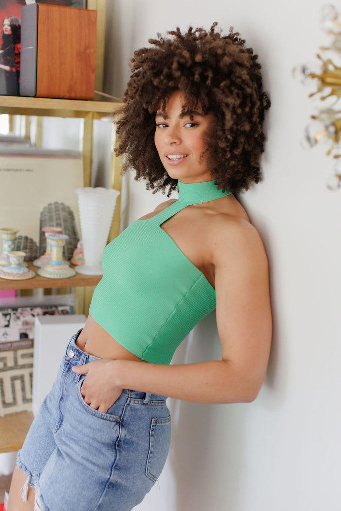 Ribbed high neck green cropped tank top with cutout