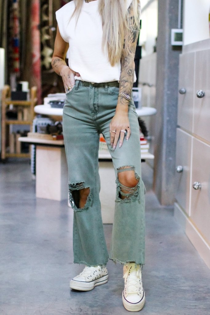 90's Vintage Cropped Flare Jean in Army Green - Girl Tribe Co.