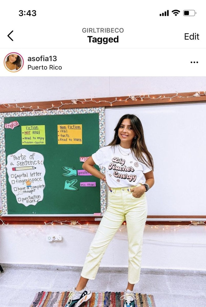 White t-shirt with "Big Teacher Energy" in a fun bubble font; perfect for all of our teachers