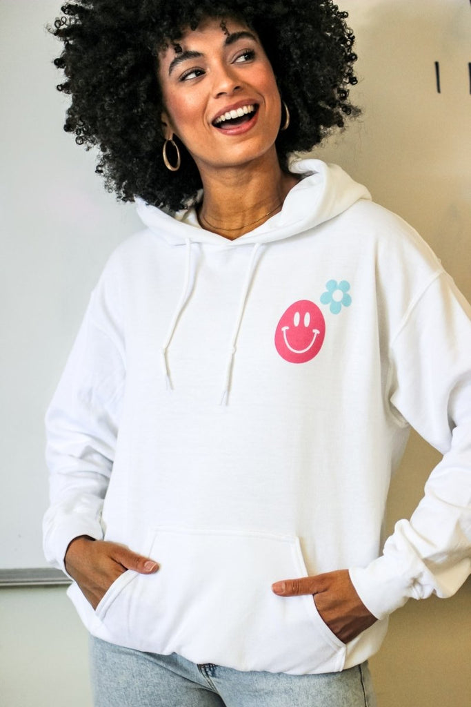 White hoodie with the phrase "I hope you have a good day" in multiple fun colors