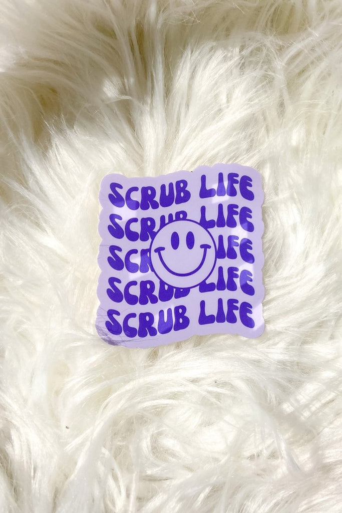 Light purple sticker with dark purple "scrub life" repeating with a smiley face in the center 