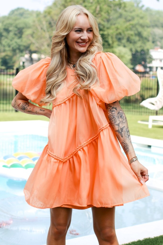 The Cassidy Puff Sleeve Mini Dress in Orange - Girl Tribe Co.