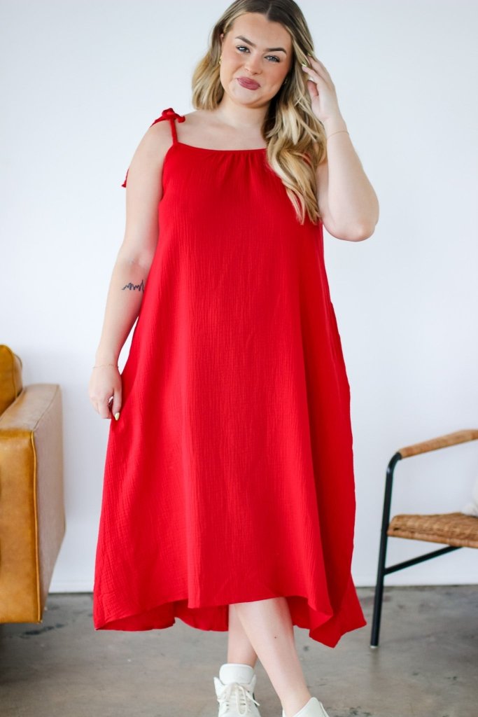 The Harper Braided Strap Midi Dress in Red - Girl Tribe Co.