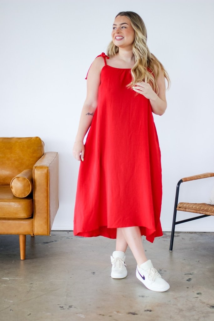 The Harper Braided Strap Midi Dress in Red - Girl Tribe Co.