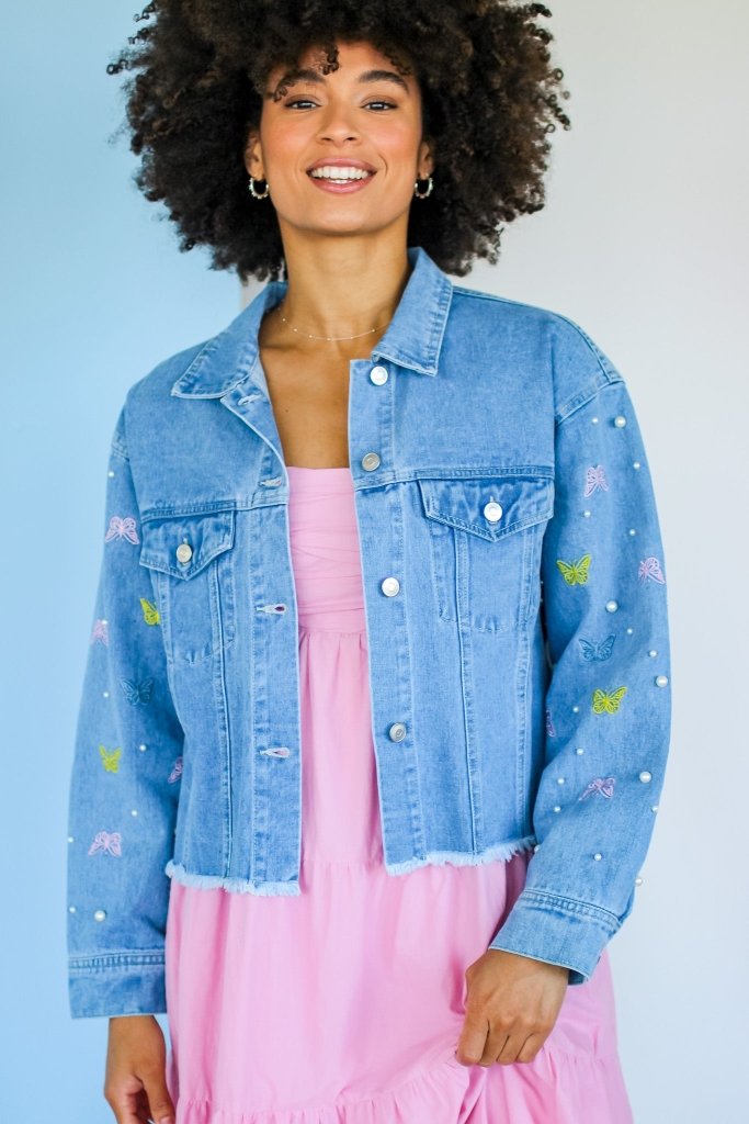 The Holly Butterfly and Pearl Denim Jacket - Girl Tribe Co.