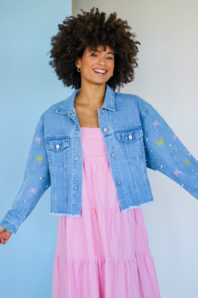 The Holly Butterfly and Pearl Denim Jacket - Girl Tribe Co.