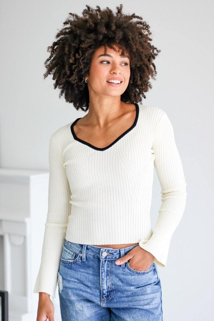 The Holly Contrast V-Neck Long Sleeve Top in Ivory - Girl Tribe Co.