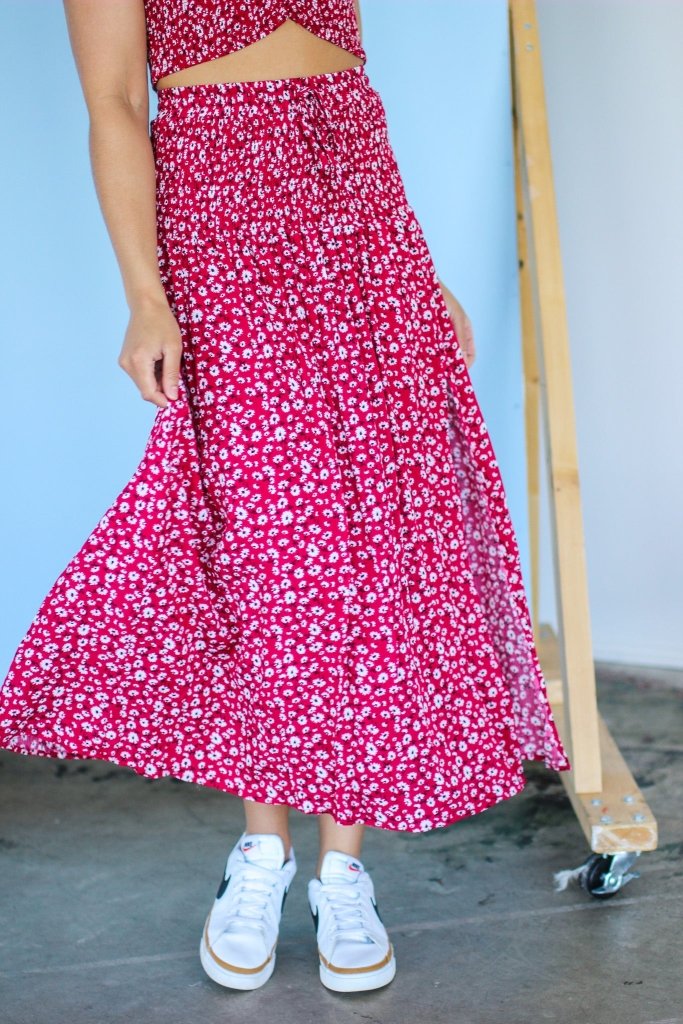 The Laney Ditsy Floral Print Skirt in Red - Girl Tribe Co.