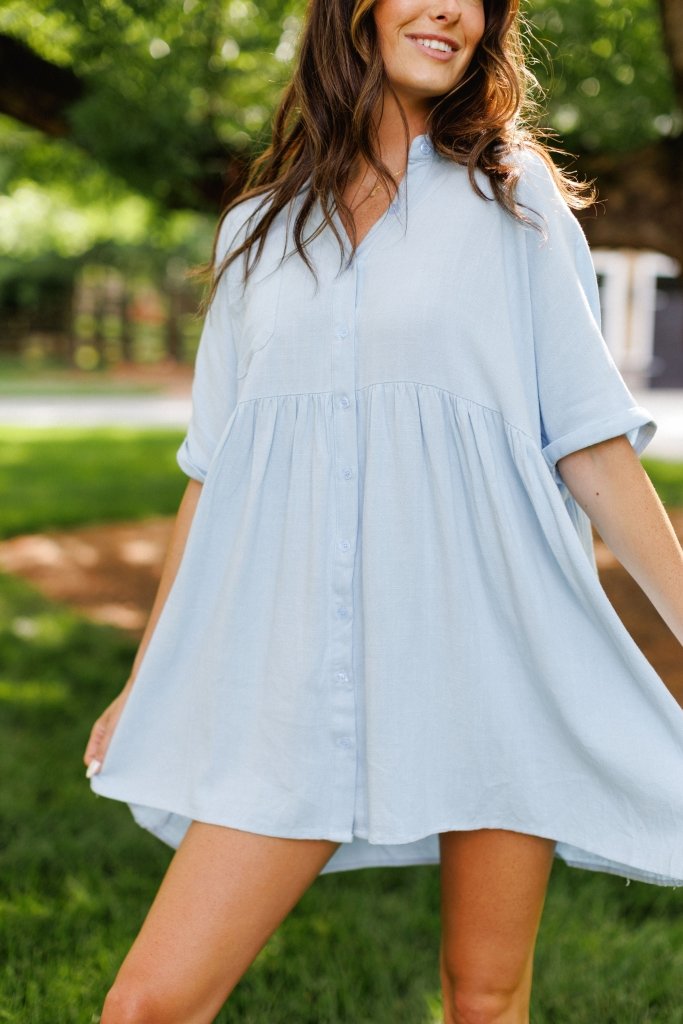The Leah Button Down Babydoll Mini Dress in Blue - Girl Tribe Co.