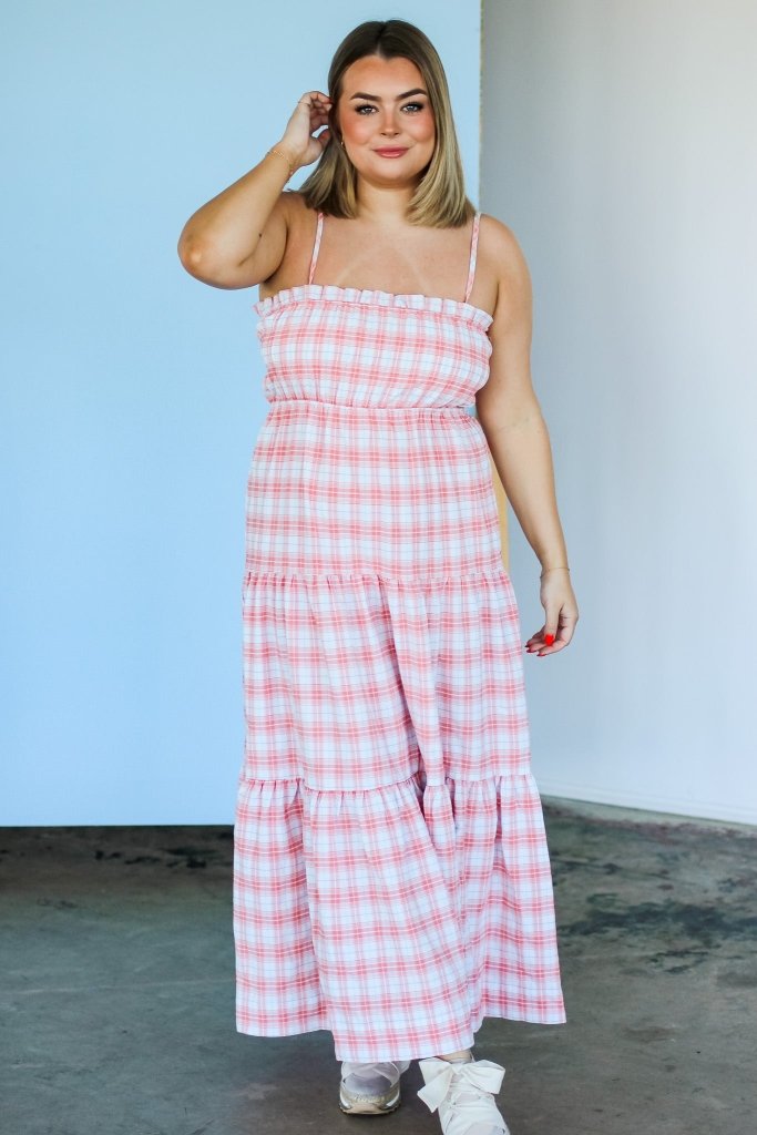 The Paige Plaid Smocked Midi Dress in Pink - Girl Tribe Co.