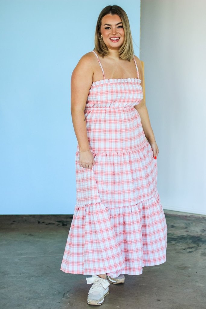 The Paige Plaid Smocked Midi Dress in Pink - Girl Tribe Co.