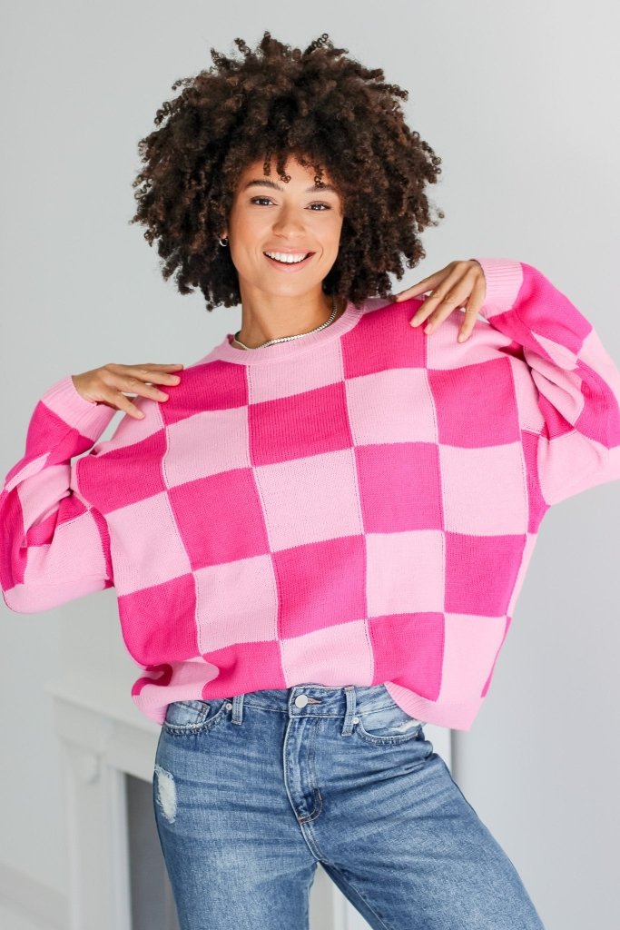 The Ria Checkered Sweater in Pink - Girl Tribe Co.
