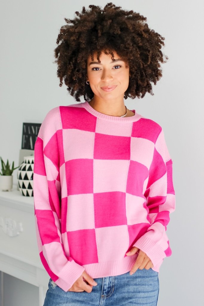 The Ria Checkered Sweater in Pink - Girl Tribe Co.