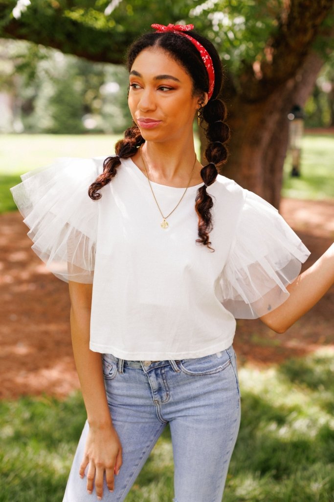 The Sadie Mesh Sleeve Top in White - Girl Tribe Co.