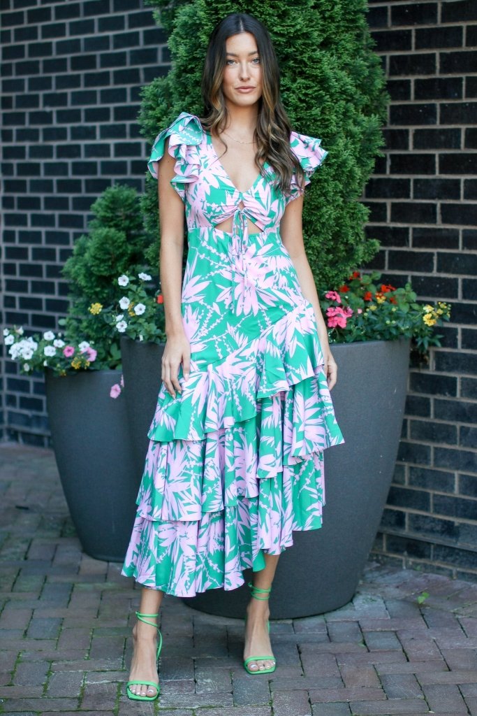 The Selena Green and Pink Floral Maxi Dress - Girl Tribe Co.